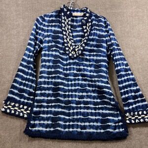 Tory Burch Tie Dye Tunic Top Size 2 Blue White Bell Sleeve Fringed Trim